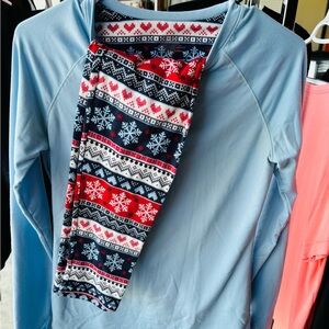 Light Blue Long Sleeve Top with Festive Patterned leggings